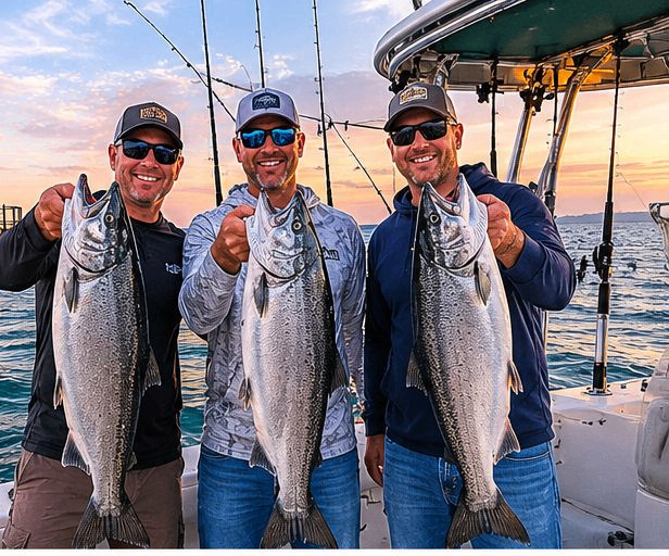 Anglers with king salmon at the Ludington lighthouse