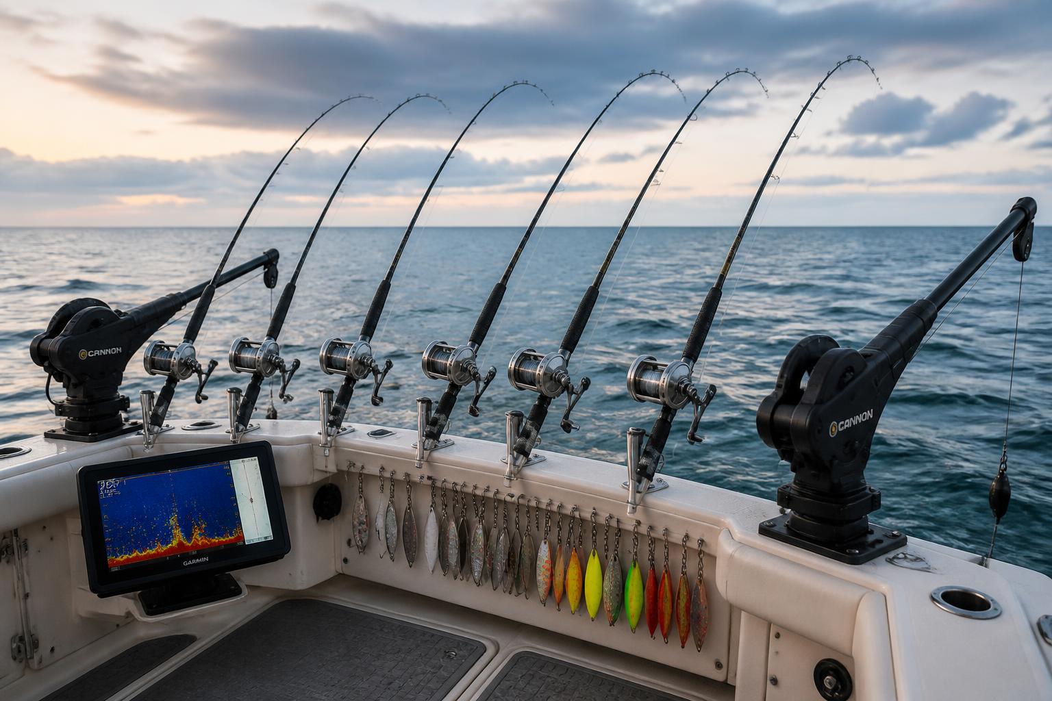Lake Michigan salmon charter equipment — trolling rods, line-counter reels, Cannon downriggers, salmon flashers and spoons, and a Garmin fish finder on the back deck of The Next Bite charter boat